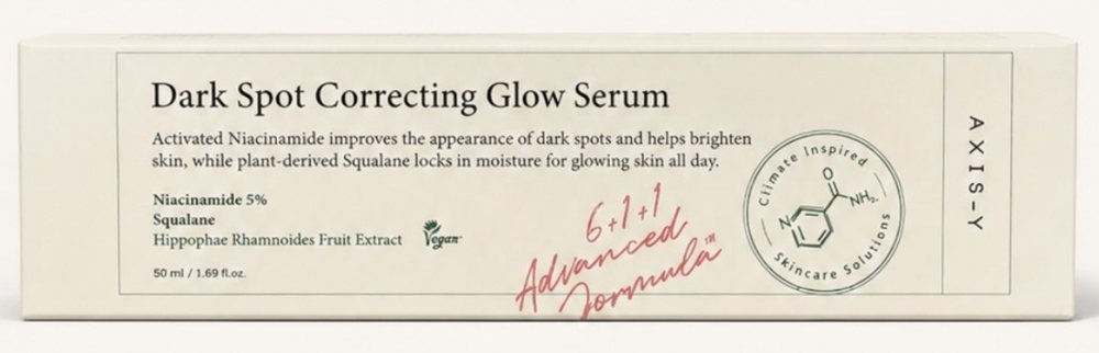 La boîte du Dark Spot Correcting Glow Serum d'AXIS-Y