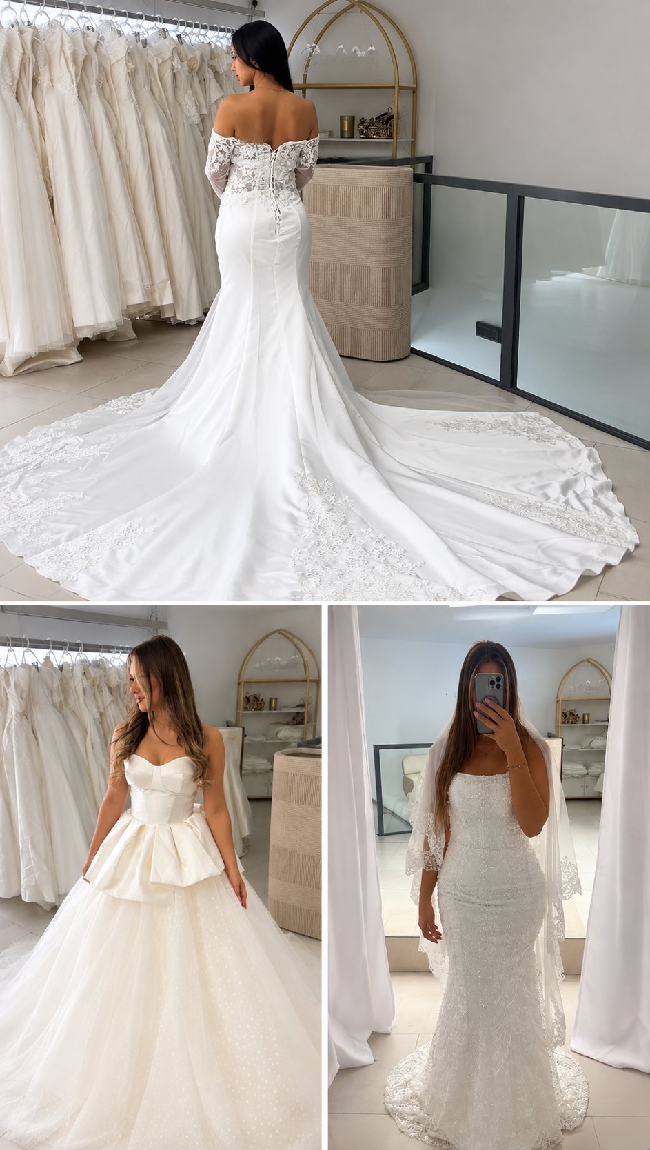 Trois robes de mariée essayées en boutique : sirène en dentelle à longue traîne, robe bustier en tulle, robe sirène perlée
